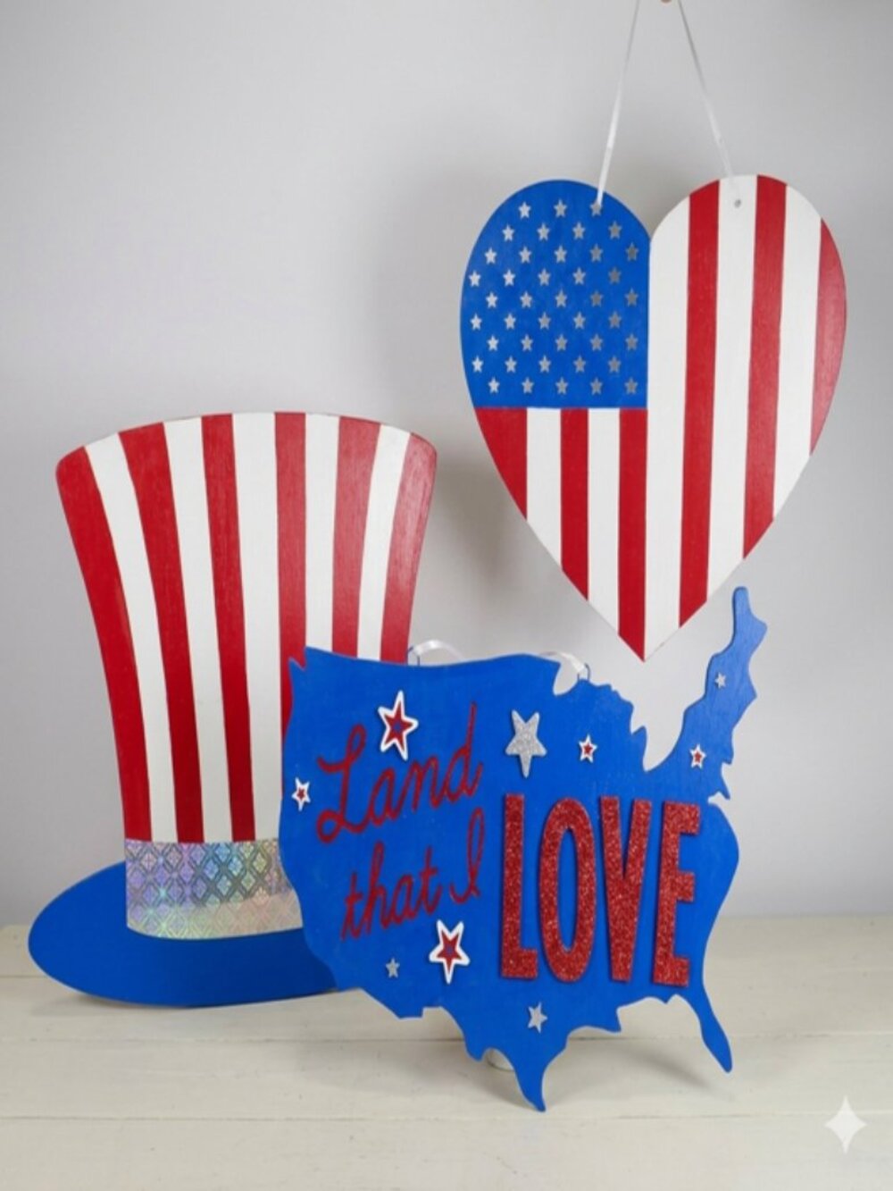 Patriotic Wood (3)Wall Decor Set USA Flag Hat, Heart, & "Land That I Love" Sign